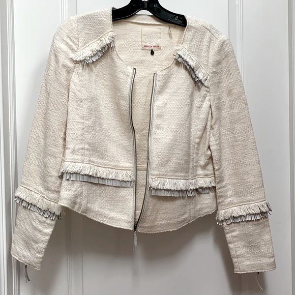 Rebecca Taylor Tweed Look Cotton Fray Fringe Raw Edge Leather Blazer Jacket Sz 6 - Picture 12 of 16